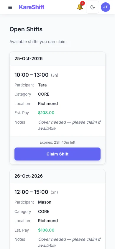 Open Shift Board — claimable vacant shifts with pay estimate and expiry — mobile view