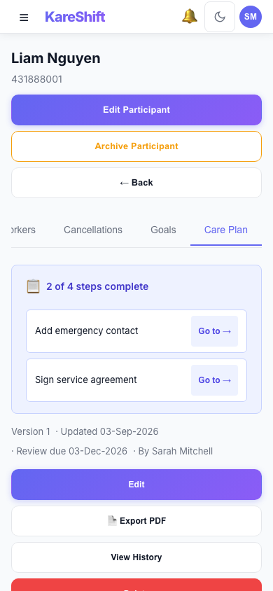 Participant Care Plan — Mobile View