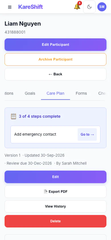 Participant Care Plan — Mobile View