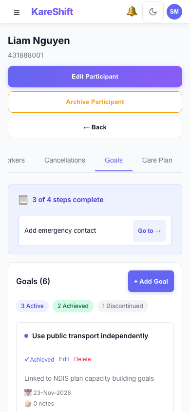 Participant Goals — Mobile View