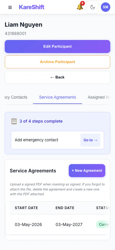 Service Agreements — signed NDIS service agreements with status — mobile view