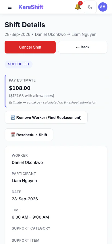 Shift Pay Preview — SCHADS-calculated pay estimate before assigning — mobile view