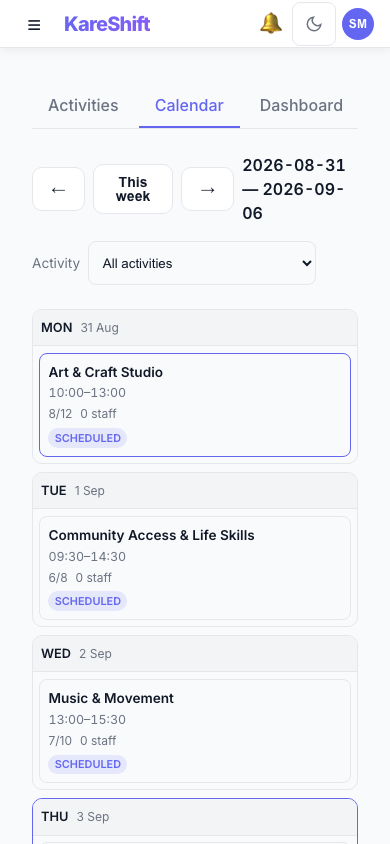 Day Program calendar — Mobile View