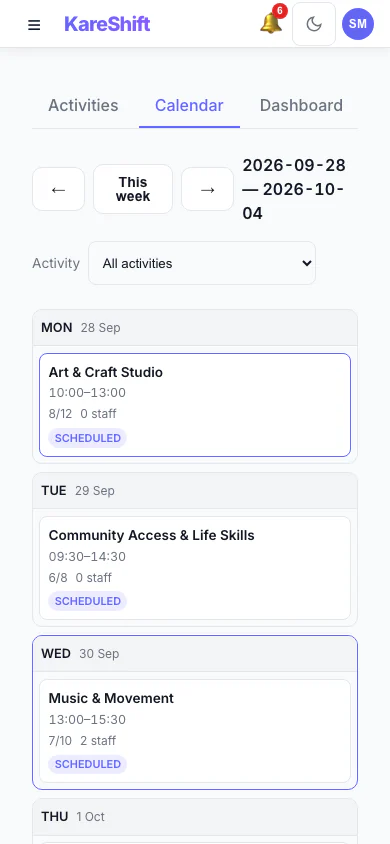 Day Program calendar — Mobile View