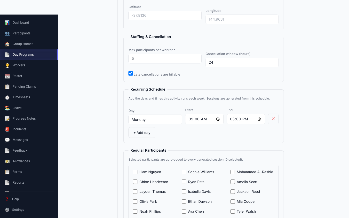 Day Program builder — name, capacity, billing, recurring schedule editor and regular participant picker