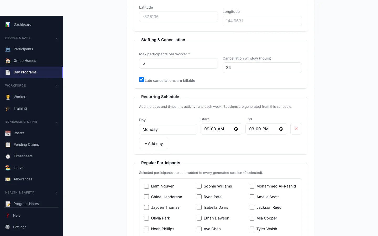 Day Program builder — name, capacity, billing, recurring schedule editor and regular participant picker