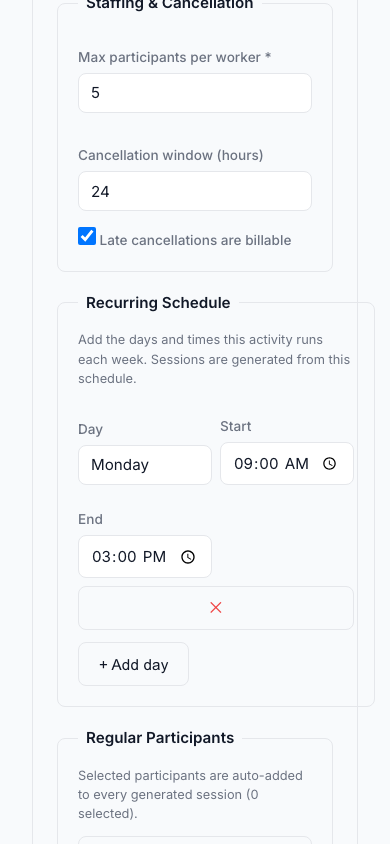 Day Program builder — Mobile View