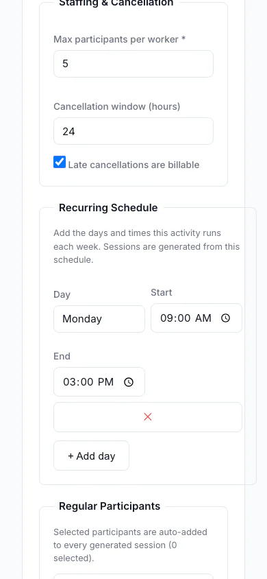 Day Program builder — Mobile View