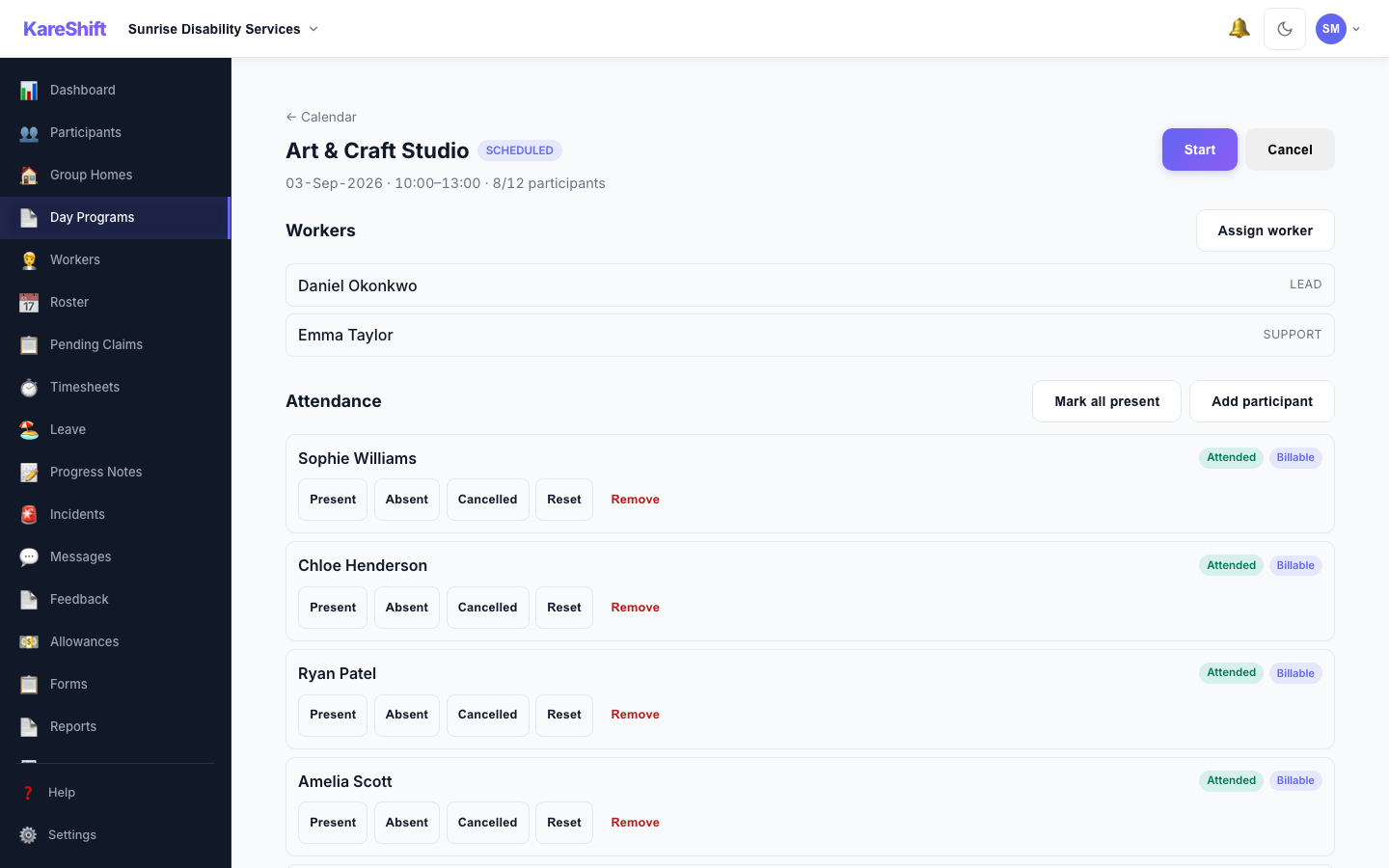 Day Program session detail — assigned workers, per-participant attendance, transport and the start/complete workflow