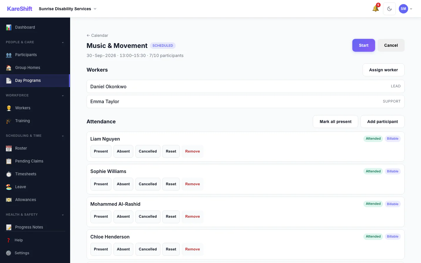 Day Program session detail — assigned workers, per-participant attendance, transport and the start/complete workflow