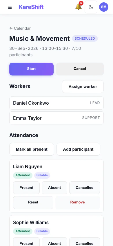 Day Program session detail — Mobile View