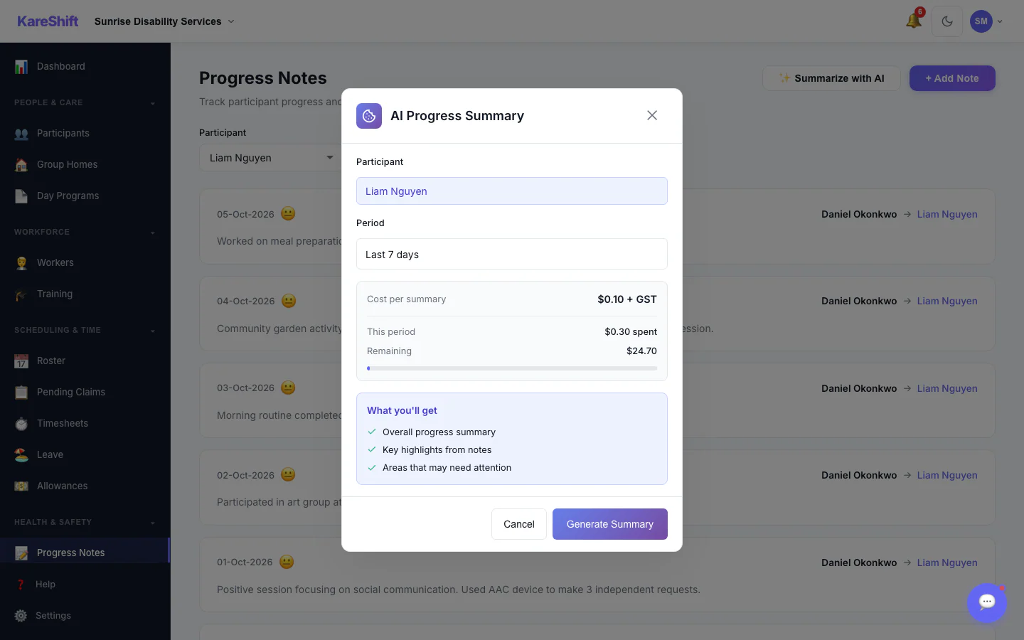 AI Progress Summary — Choose a Period: Pick a participant and a date range, see the cost per summary, then generate. Off by default; owners switch it on.