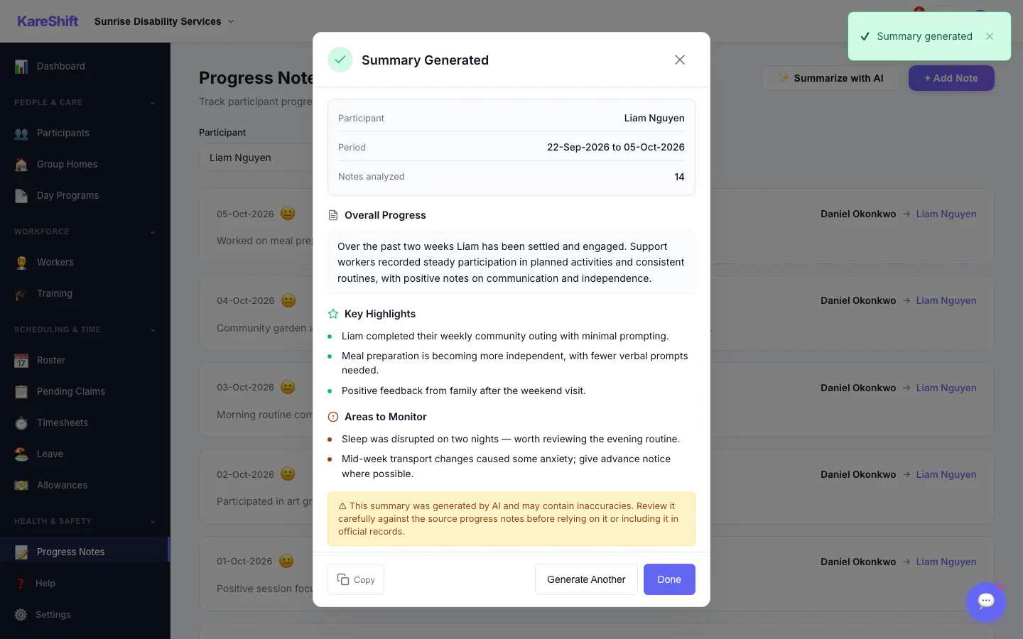 AI Progress Summary — Result: A written summary with highlights and areas to monitor. Staff review it before relying on it.