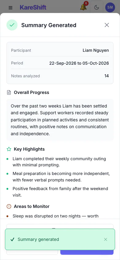 AI Progress Summary — Result: A written summary with highlights and areas to monitor. Staff review it before relying on it. (mobile view)