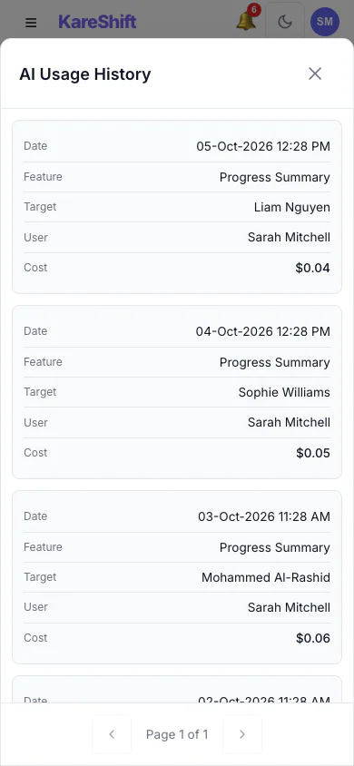 AI Usage History: Every summary generated, who ran it, for whom and what it cost. (mobile view)