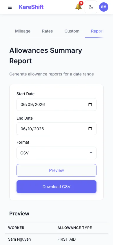 Allowances Report: Preview and export what was paid in allowances over a period, with a grand total. (mobile view)