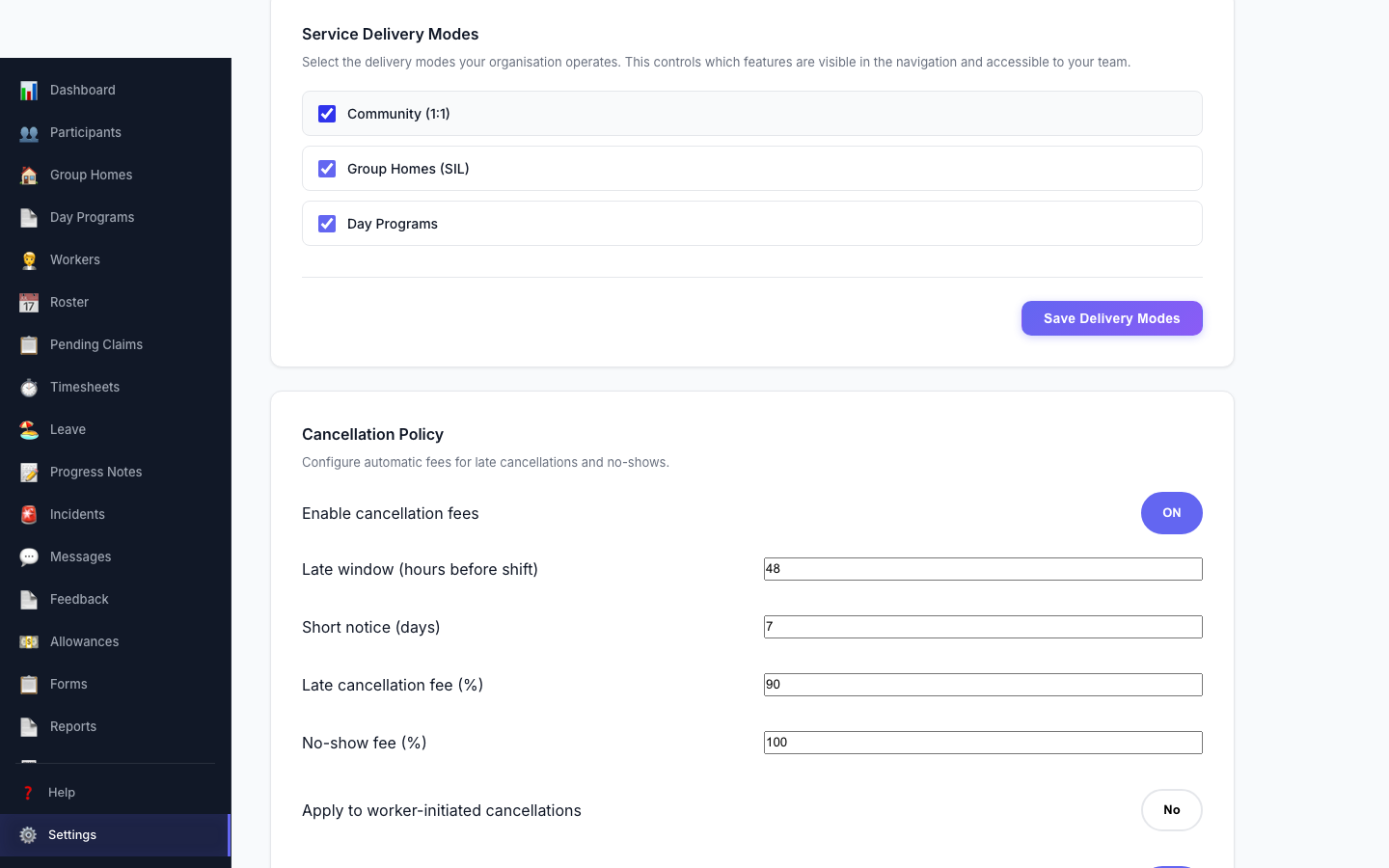 Cancellation Policy settings — configure late cancellation and no-show fees