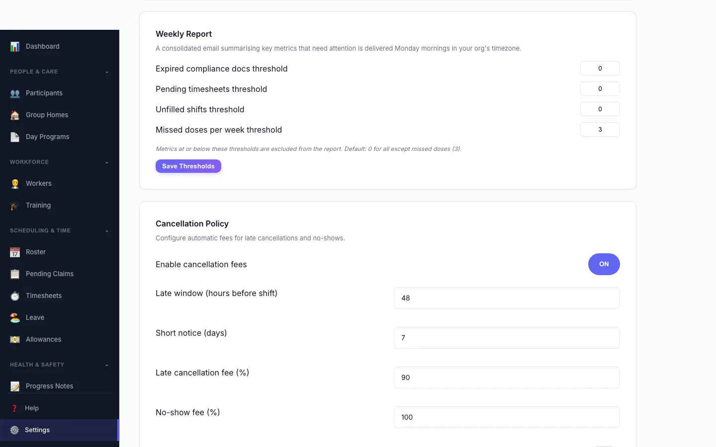 Cancellation policy settings — automate late cancellation and no-show fees