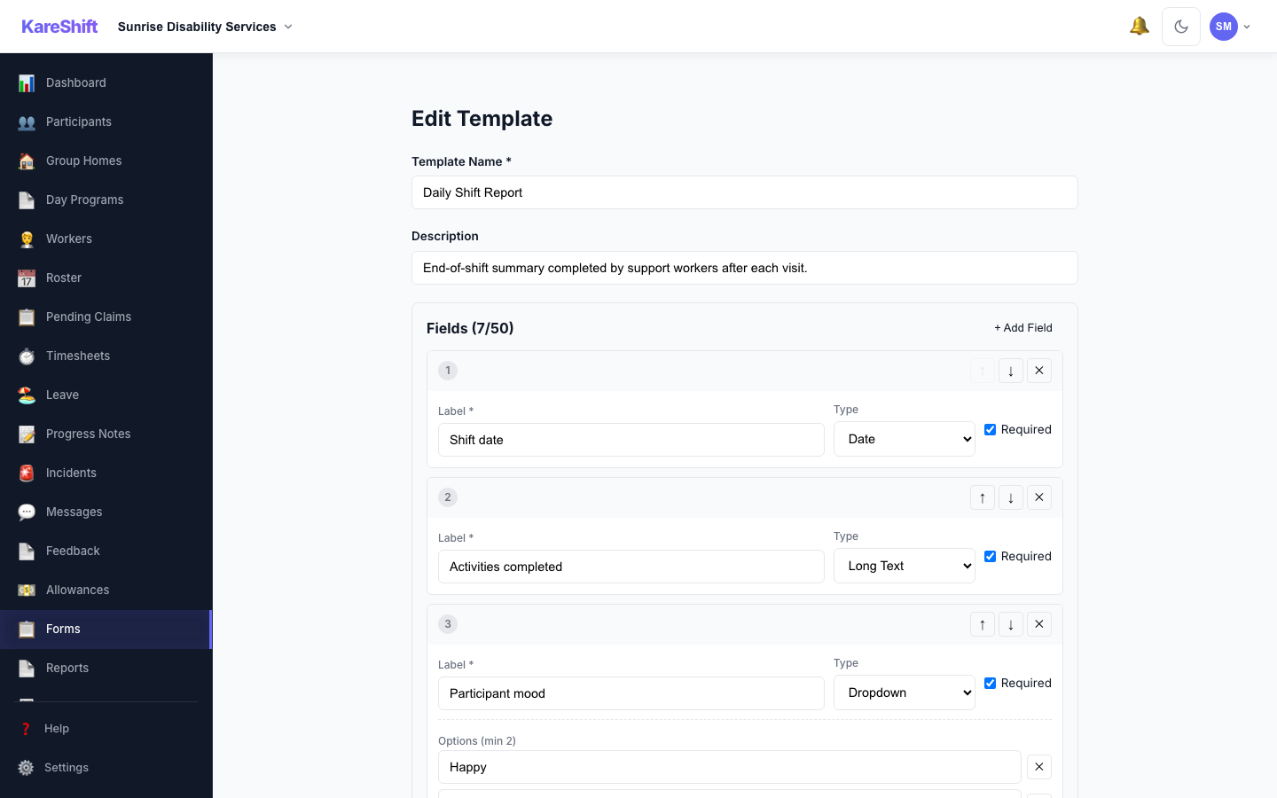 Custom Form Builder — add fields, set types and required flags, reorder
