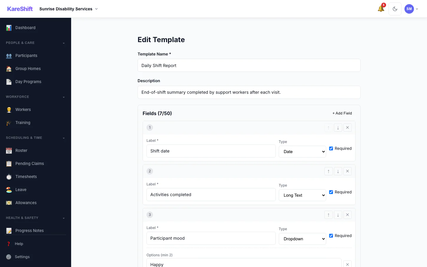 Custom Form Builder — add fields, choose types, set required flags, reorder