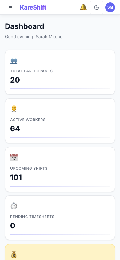 NDIS Dashboard — Mobile View