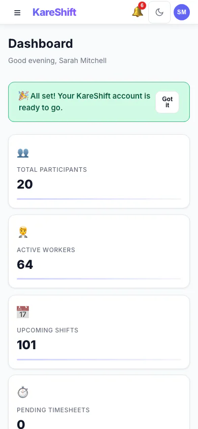 NDIS Dashboard — Mobile View