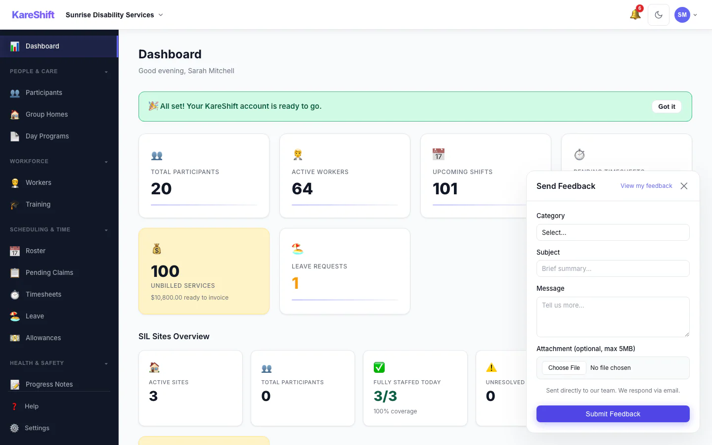KareShift in-app feedback widget — submit feature requests directly
