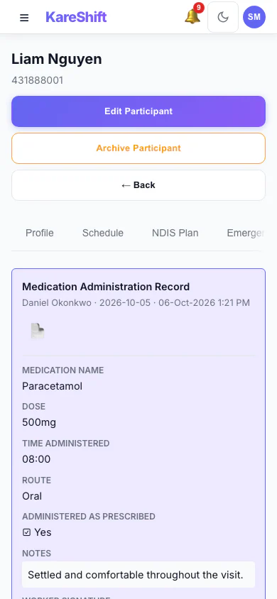 Form Submissions: Completed forms on a participant's record, with signatures. (mobile view)