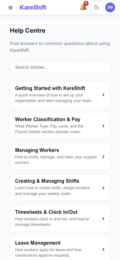 Help Centre — Mobile View