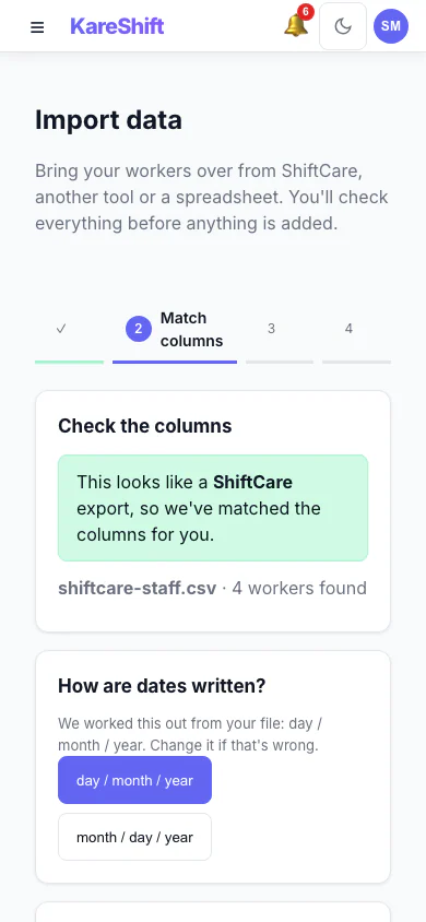 Import — a sample ShiftCare staff file is recognised and its columns matched automatically — mobile view