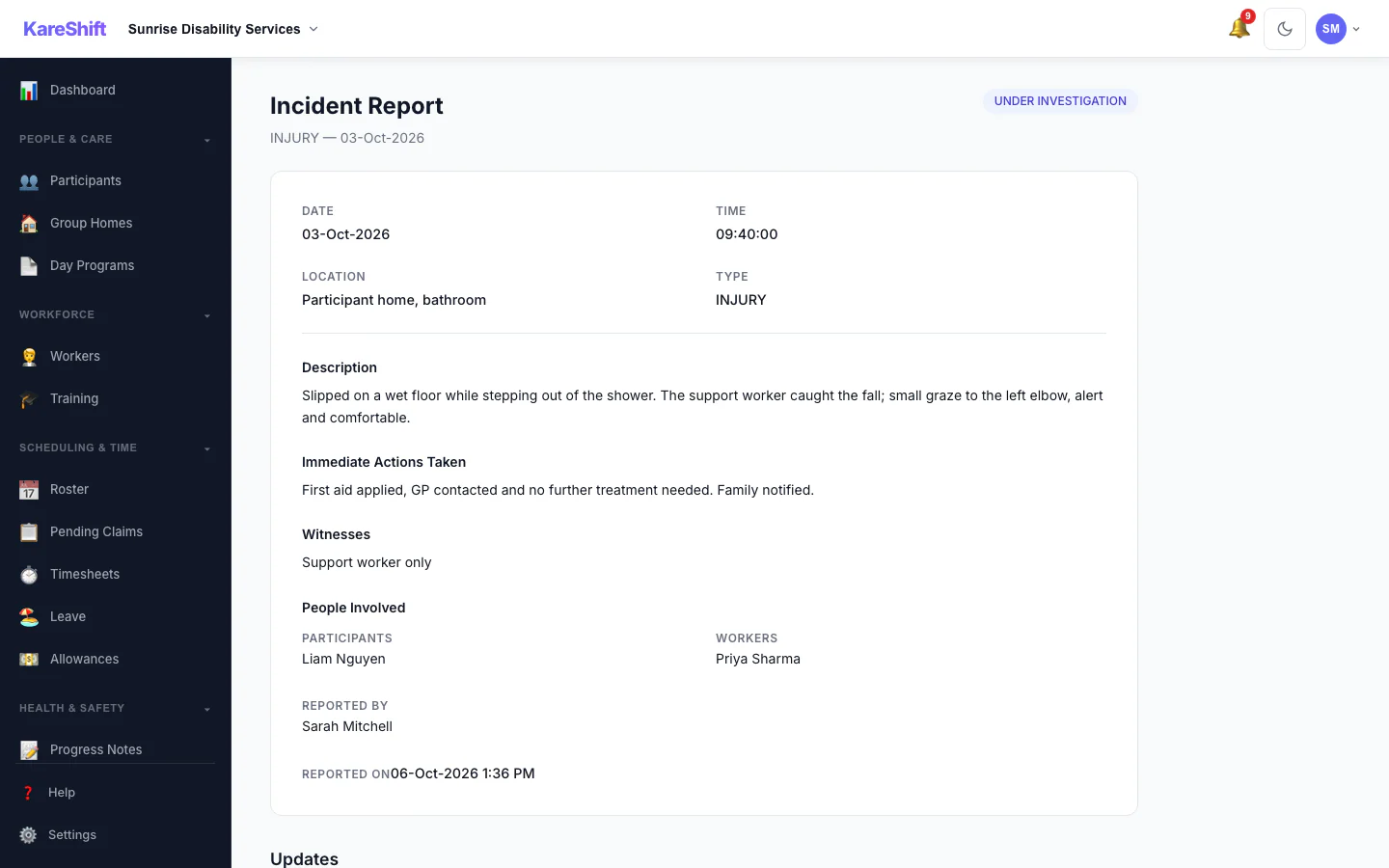 Incident Detail: An incident with its status, details and the update trail of who did what.