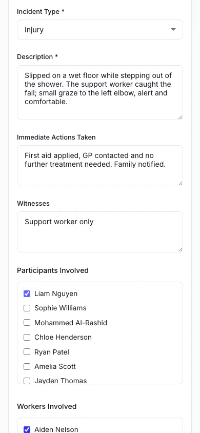 Report an Incident: Record what happened, who was involved and what was done straight away. (mobile view)
