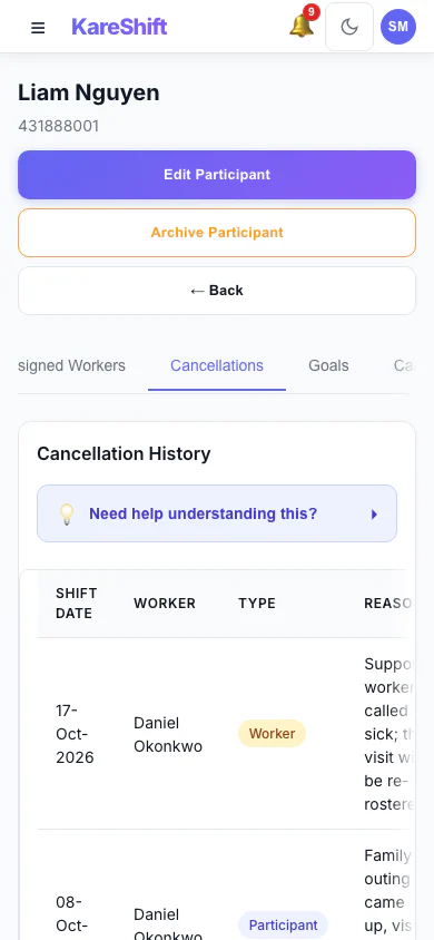 Cancellation History: Cancelled visits with who cancelled, whether the fee is claimable and the amount. (mobile view)