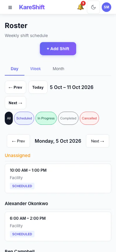 Roster — Day View: One day's shifts grouped by worker. (mobile view)