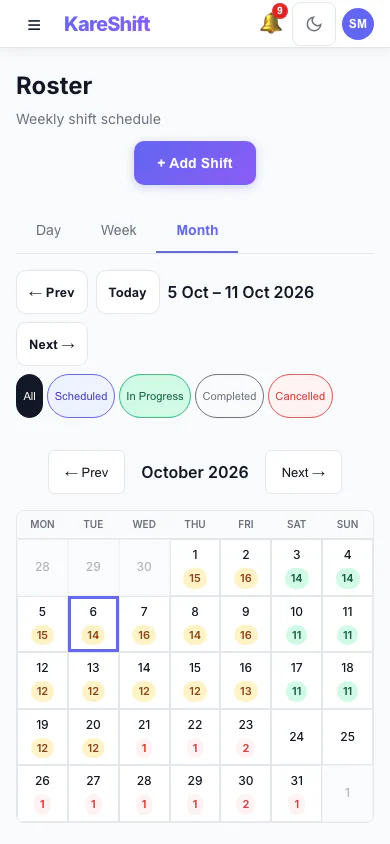 Roster — Month View: A month at a glance with shift counts for each day. (mobile view)