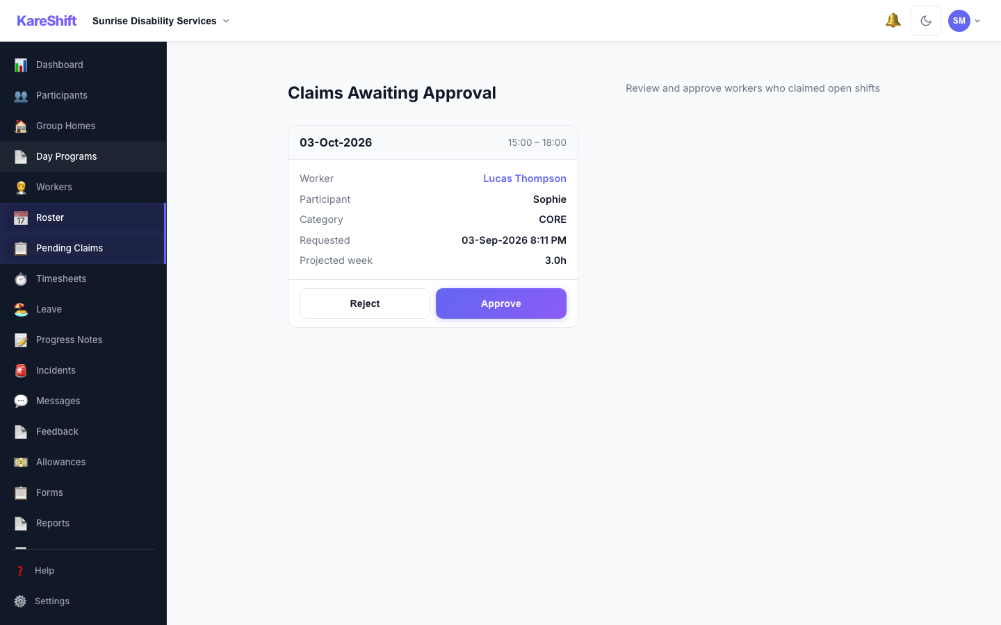 Pending Claims — coordinator reviews open shift claims with a projected weekly hours and overtime warning before approving