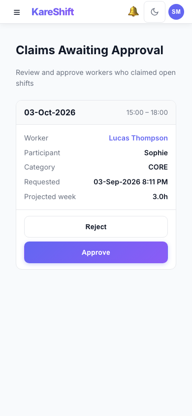 Claim Approval — coordinator reviews open-shift claims with projected weekly hours and an overtime warning — mobile view