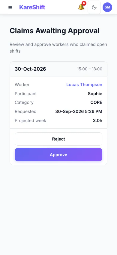 Claim Approval — coordinator reviews open-shift claims with projected weekly hours and an overtime warning — mobile view