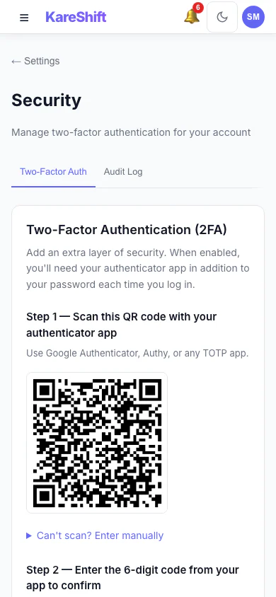 Set Up Two-Factor Authentication: Scan a code with an authenticator app, then enter the six-digit code to switch it on. (mobile view)