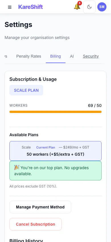 Billing and Plan: Your plan, worker usage and billing history. (mobile view)