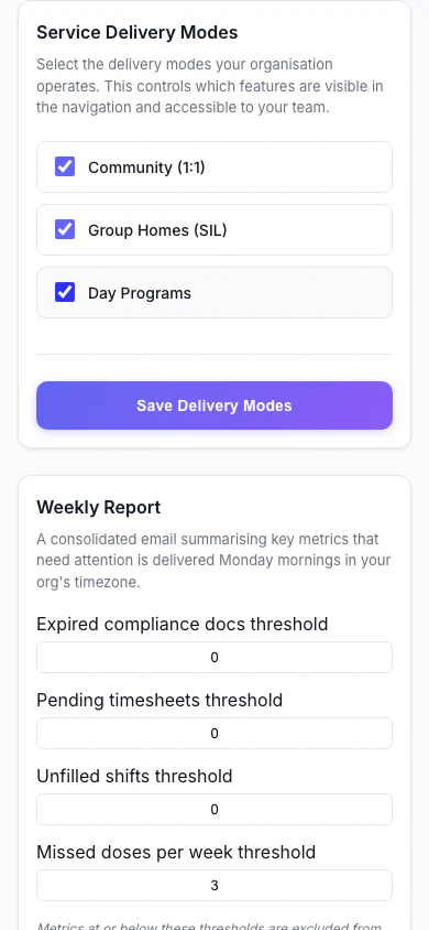 Service Delivery Modes: Choose which kinds of service your organisation delivers. (mobile view)