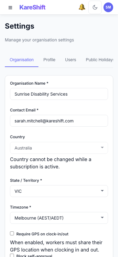 Settings — Mobile View