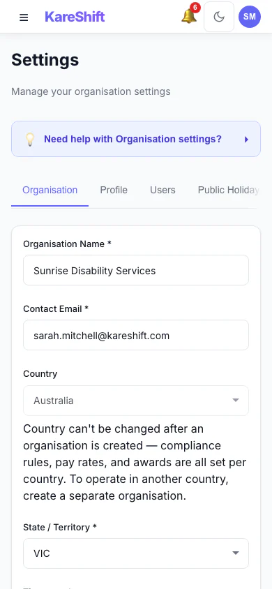 Settings — Mobile View