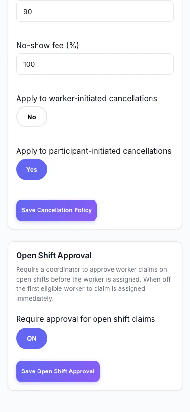 Open Shift Approval: Decide whether workers can claim open shifts straight away or need approval. (mobile view)