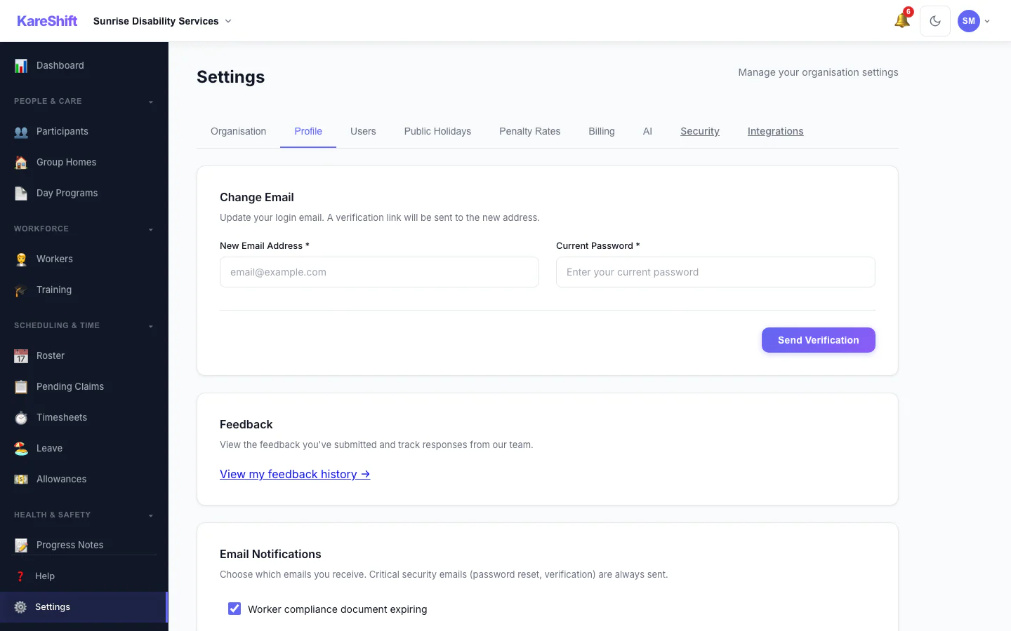 Your Profile Settings: Your login email and email notification choices.