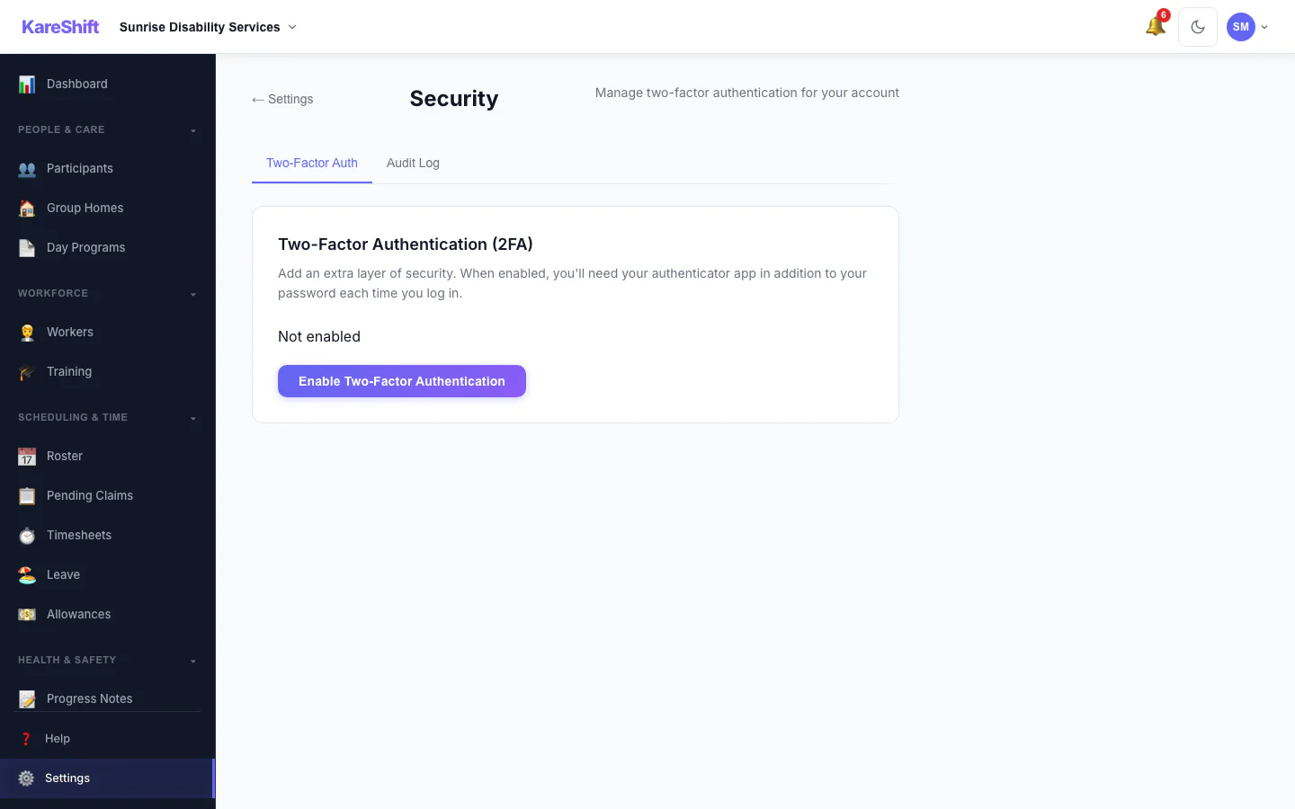 Security Settings: Two-factor status for your account, with trusted devices and an audit log for owners.