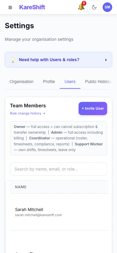 Team Members and Roles: Everyone in your organisation, their status and roles. (mobile view)