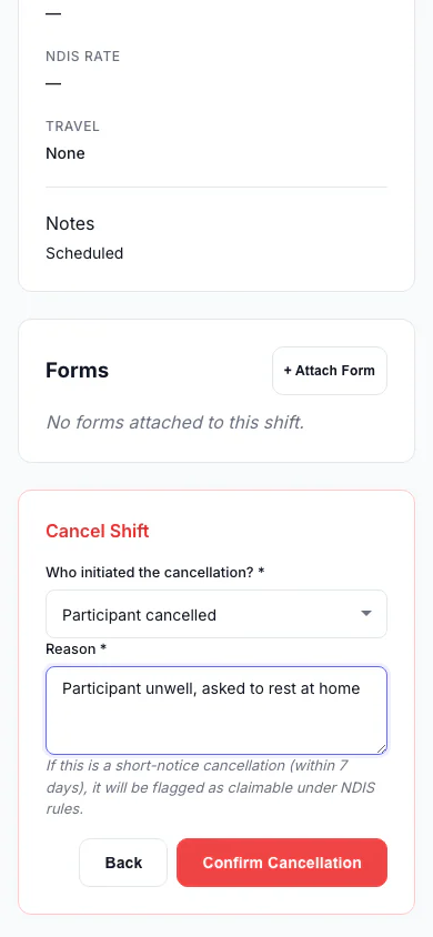 Cancel a Shift: Record who cancelled and why, so the right fee is applied. (mobile view)
