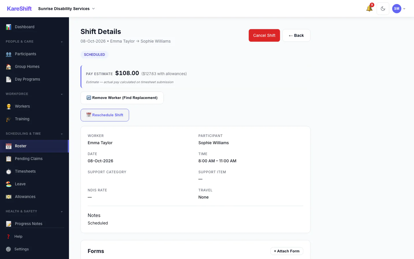 Shift Detail: A shift with its worker, pay estimate and attached forms.