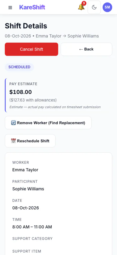 Shift Detail: A shift with its worker, pay estimate and attached forms. (mobile view)